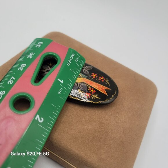 Vintage Russian Gold Bird Brooch Pin Hand Painted Lacquered Flower - Picture 5 of 6